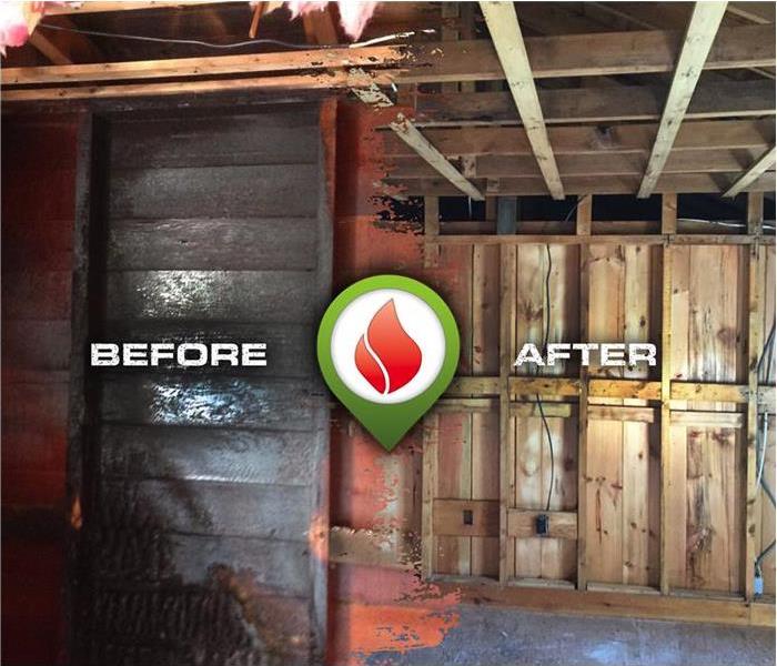 Before and after of fire and soot damage in a room